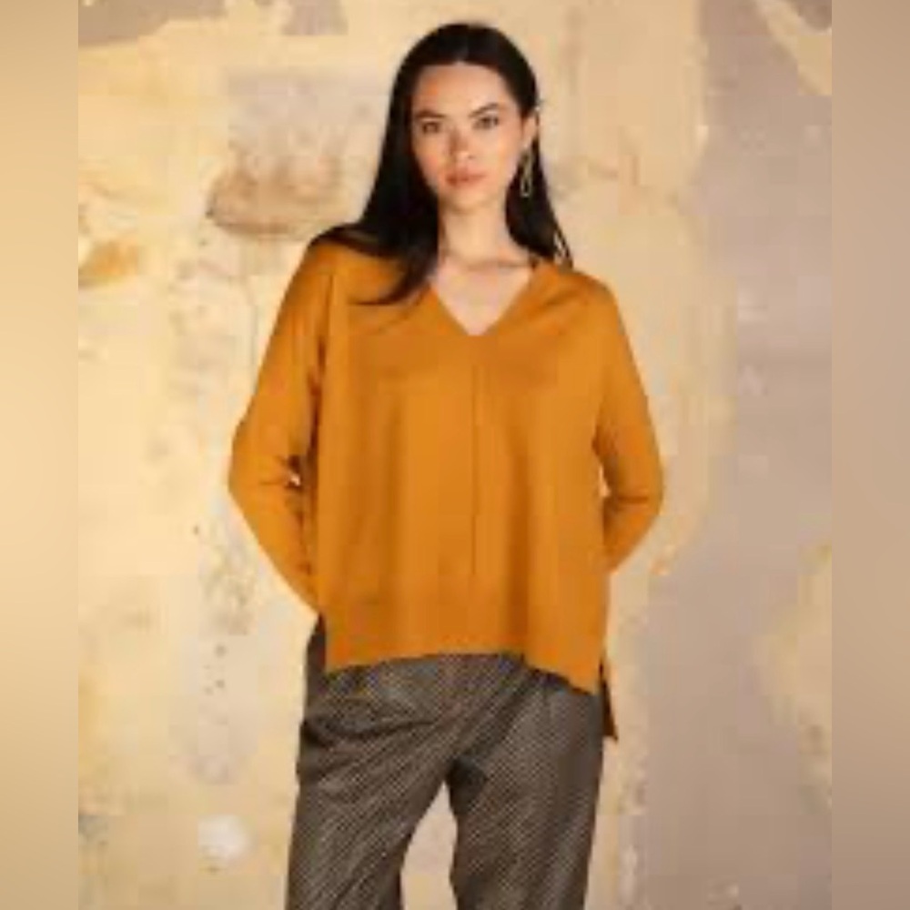 Bitte Kai Rand 3/4 Sleeve V-Neck Knit Boxy Tunic Yellow Size 2 (Large)
